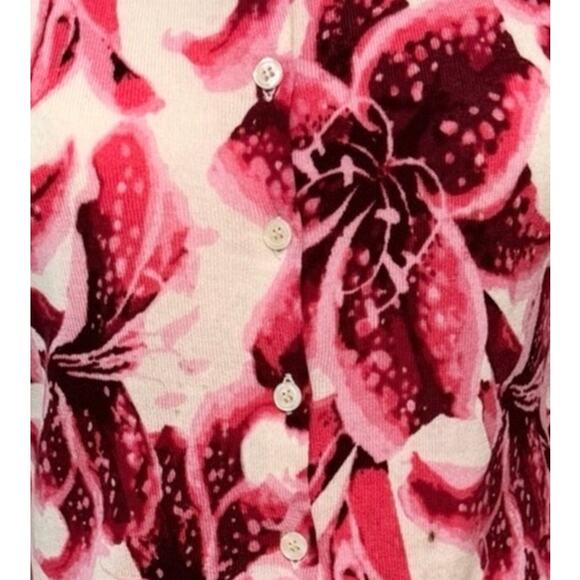 Garnet Hill Pink Fuschia Merino Wool Lightweight Floral Cardigan Small Classic - Picture 4 of 7